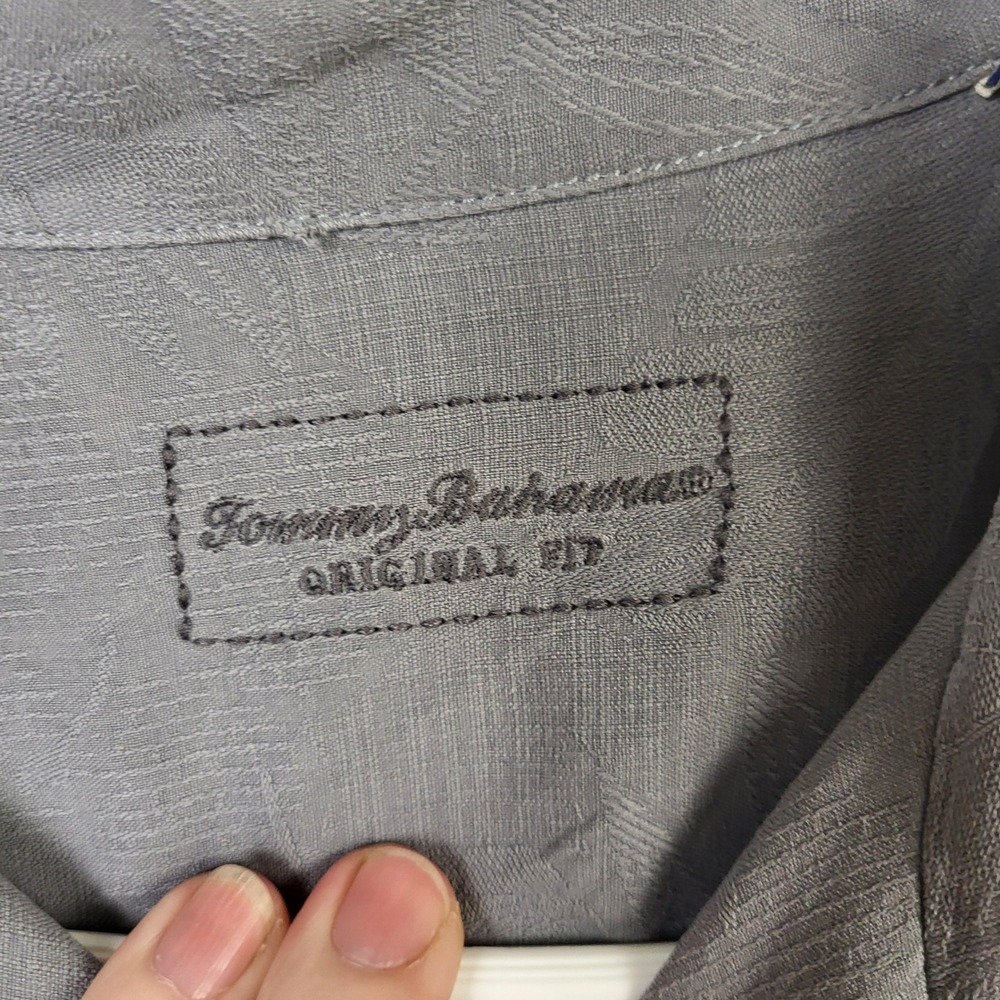 Tommy Bahama Original Fit 100% Silk Camp Shirt Lrge Gray Palm Jacquard Button Up - Picture 3 of 10